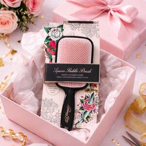 Ed Hardy Square Paddle Brush Pink Bristles Boost Volume & Shine Wet or Dry Hair